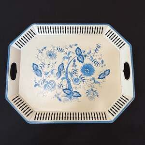 Vtg Blue Danube Blue Onion Serving Tray Cut Out Sides Opened Handles 20” x 16”